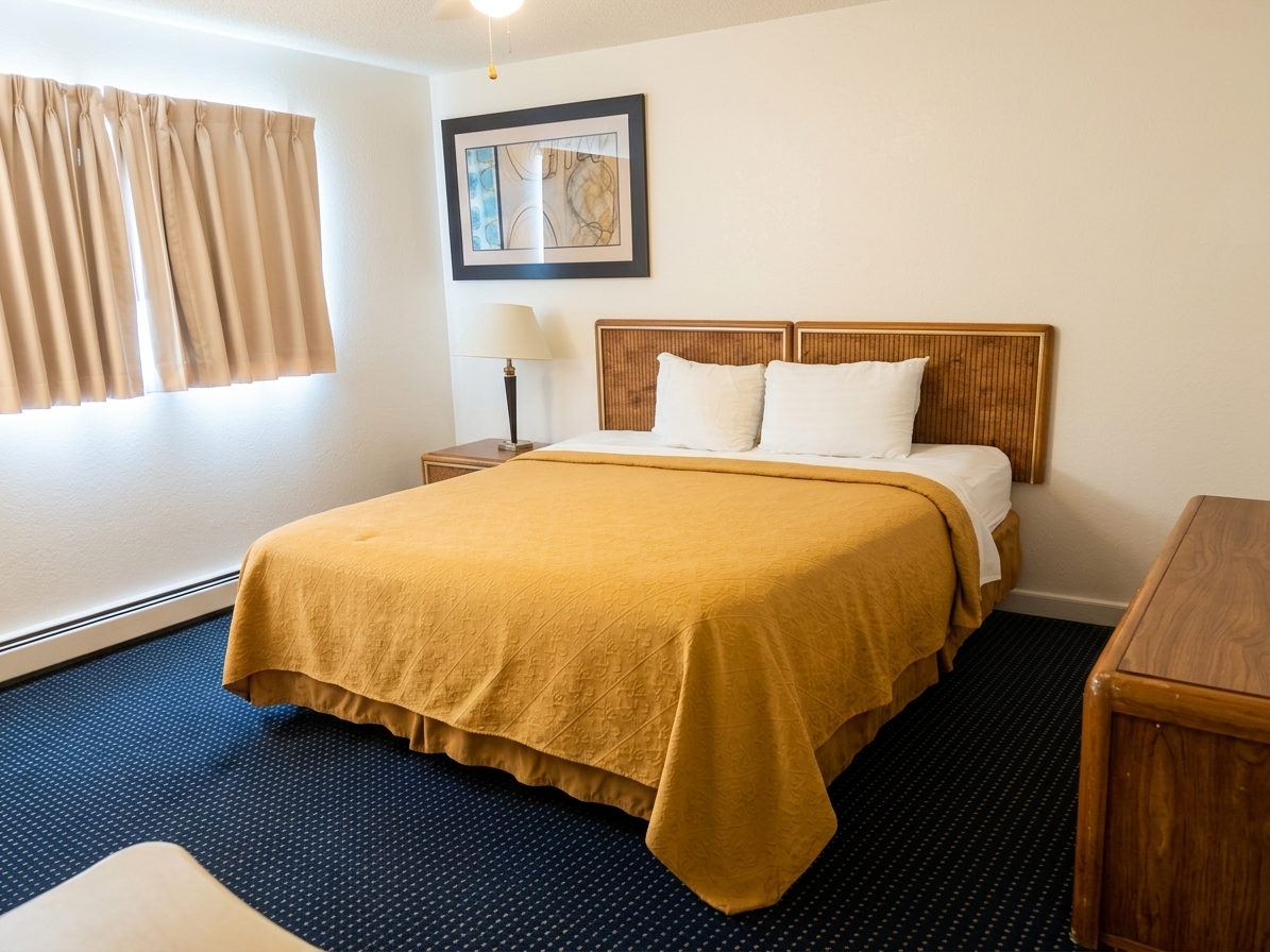 Furnished bedroom with queen bed and bedside lamp